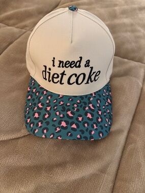 NWOT Beige Trucker Cap with Teal & Pink Leopard Brim - "i need a diet coke"